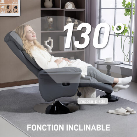 Fauteuil relax inclinable repose-pied réglable pivotant 360° piètement métal chromé revêtement synthétique crème Fauteuil relax inclinable repose-pied réglable pivotant 360° piètement métal chromé revêtement synthétique crème