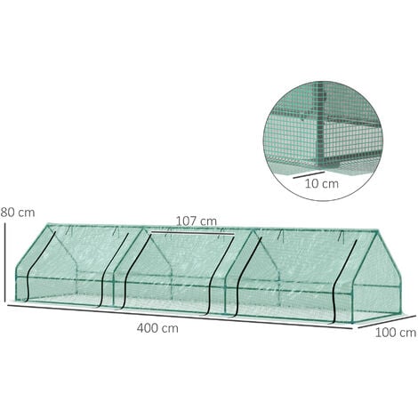 Mini serre de jardin serre à tomates 400L x 100l x 80H cm acier PE haute densité 140 g/m² anti-UV 3 fenêtres avec zip enroulables vert