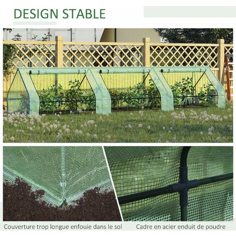 Mini serre de jardin serre à tomates 400L x 100l x 80H cm acier PE haute densité 140 g/m² anti-UV 3 fenêtres avec zip enroulables vert