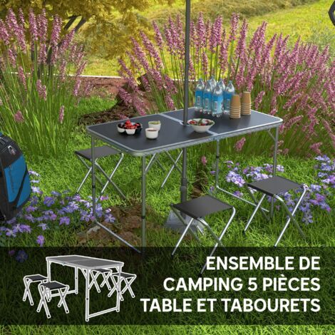 Ensemble Table De Camping Pliante + 4 Chaises - Valise Gris - Réglable En Hauteur - Pour 4 Personnes