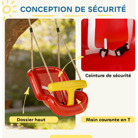 Balançoire Enfant AIYAPLAY – Dossier Haut Et Barre De Sécurité – Hauteur Ajustable – Intérieur/extérieur – 70 Kg – Rouge/jaune