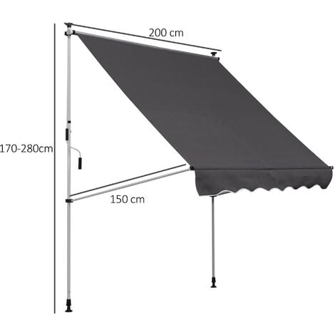 Store banne manuel rétractable 2L x 1,5l x 1,7-2,8H m inclinaison réglable installation rapide métal alu polyester gris