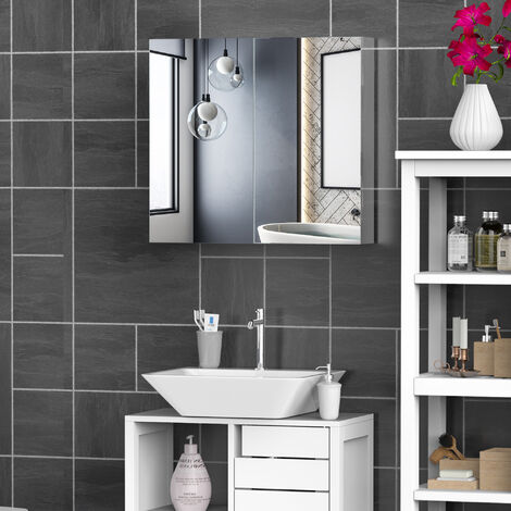 Armoire murale salle de bain porte miroir étagère niche acier noir