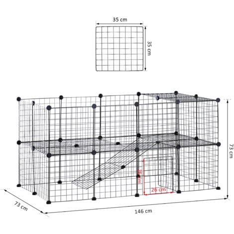 Cage parc enclos pour animaux domestiques L 146 x l 73 x H 73 cm modulable 2 niveaux 36 panneaux bords arrondis fil métallique noir