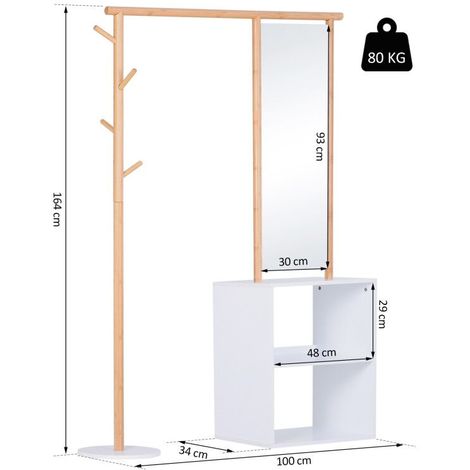 HOMCOM Porte-manteaux meuble d'entrée vestiaire penderie avec miroir 4 patères 2 niches dim. 100L x 34l x 164H cm MDF blanc bois massif bambou