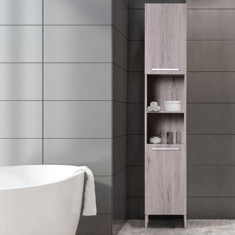 Meuble de salle de bain Homcom Meuble colonne rangement salle de bain style  cosy dim. 30L x 30l x 144H cm 3 étagères 2 tiroirs bambou MDF aspect bois  clair