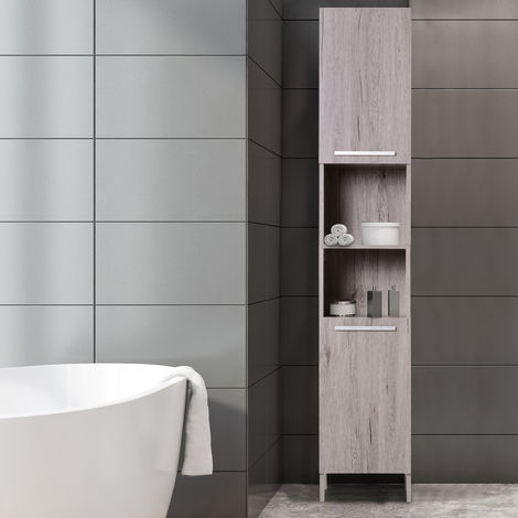 Meuble de salle de bain Homcom Meuble colonne rangement salle de bain  bambou design naturel 36L x 33l x 140H cm 2 étagères 4 niveaux + placard