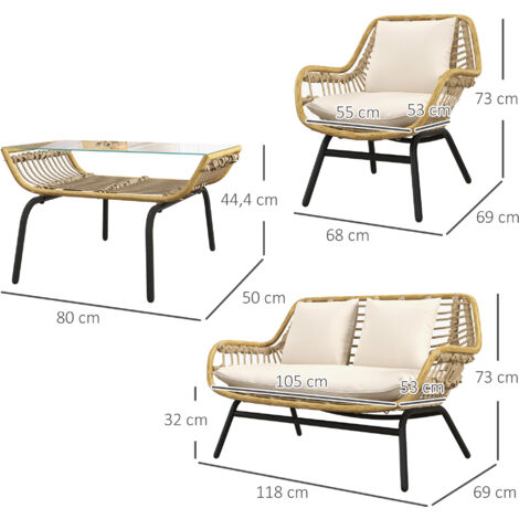 Salon de jardin 4 pers. 4 pièces style exotique métal époxy résine imitation bambou coussins grand confort inclus polyester beige
