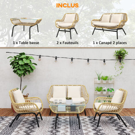 Salon de jardin 4 pers. 4 pièces style exotique métal époxy résine imitation bambou coussins grand confort inclus polyester beige