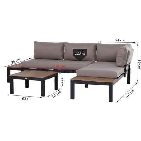 Ensemble salon de jardin d'angle design contemporain 5 places coussins marron table basse alu. noir et imitation bois