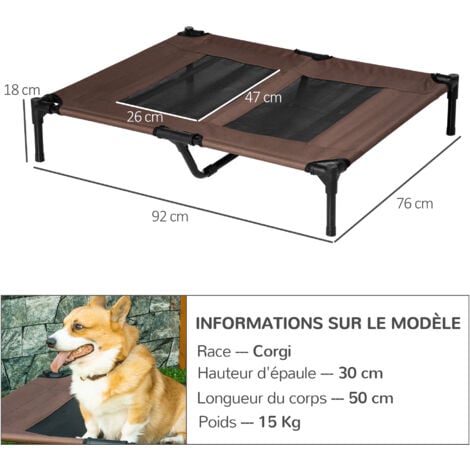 Lit sur pieds pour chien chat lit de camp animal lit surélevé Oxford textilène micro-perforé dim. 92L x 76l x 18H cm marron