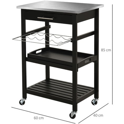 HOMCOM Chariot de service desserte de cuisine à roulettes multi-rangements 60L x 40l x 85H cm plateau acier inox. MDF pin noir