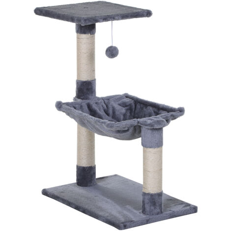 Pawhut – Arbre à chat 3 griffoirs sisal naturel – Hamac et boule suspendue – Dimensions 50L x 36l x 70H cm – Peluche haute densité 220 g/m² gris
