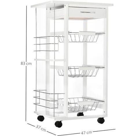 Chariot de service desserte de cuisine à roulettes multi-rangements 3 paniers métal tiroir + 2 range-bouteilles bois pin blanc