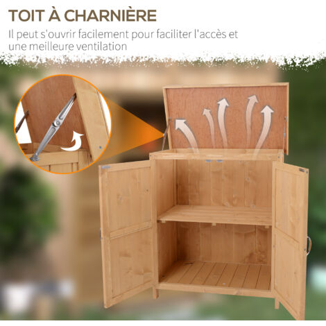 Armoire de jardin sur pied double porte étagère et toit bitumé relevable dim. 74L x 43l x 88H cm bois sapin