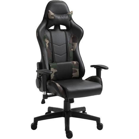 HOMCOM Fauteuil gaming militaire - chaise gamer - inclinable, hauteur réglable assise, accoudoirs, pivotant - coussin lombaires massant, tétière - revêtement synthétique noir vert - Vert