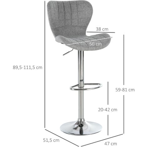 Lot de 2 tabourets de bar design contemporain hauteur d'assise réglable 59-81 cm pivotant 360° lin gris