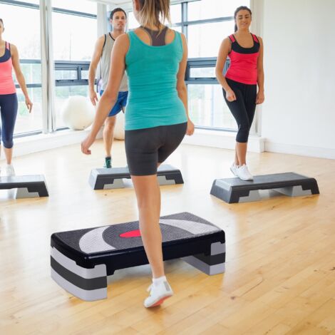 Stepper Aérobic HOMCOM Réglable 3 Hauteurs (10/15/20 Cm) – Plateau Antidérapant, Charge 150 Kg, PP Robuste – Gris/rouge