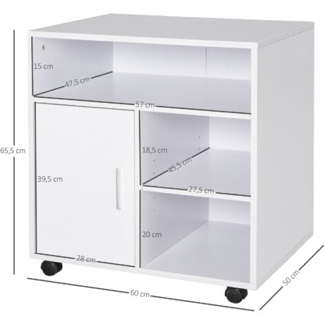 HOMCOM Support d'imprimante organiseur bureau caisson placard porte 3 niches + grand plateau panneaux particules blanc
