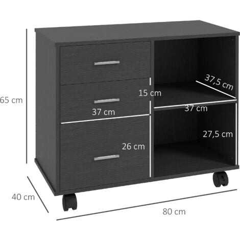 HOMCOM Support d'imprimante organiseur bureau caisson 3 tiroirs + 2 niches + grand plateau panneaux particules noir