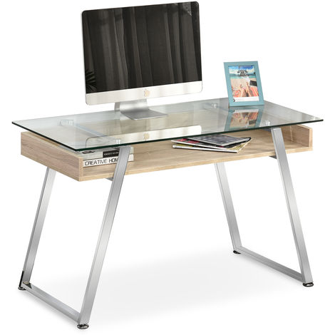 Bureau D Ordinateur Table Informatique Avec Plateau Verre Trempe Etagere De Rangement Support En Metal 120