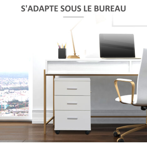 Caisson De Bureau HOMCOM Avec 3 Tiroirs Et étagère Réglable - Armoire Verrouillable Avec Roulettes - Blanc 40x60x56 Cm