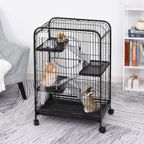 PawHut Cage pour Petits Animaux Roulante 3 Rampes 3 Plates-formes Plat et Bouteille d'Eau Bac Inférieur Amovible Acier PP Noire