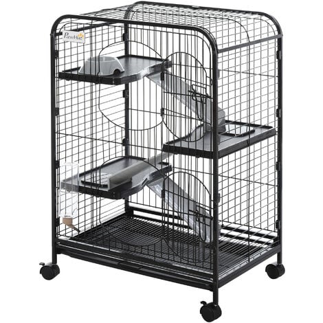 PawHut Cage pour Petits Animaux Roulante 3 Rampes 3 Plates-formes Plat et Bouteille d'Eau Bac Inférieur Amovible Acier PP Noire