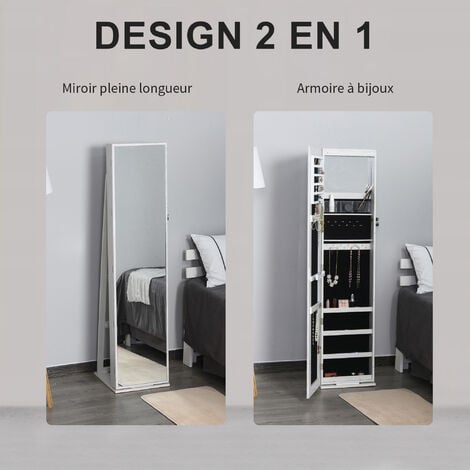 HOMCOM Armoire à bijoux avec miroir sur pied multi-rangements éclairage LED blanc dim. 38L x 38l x H157 cm