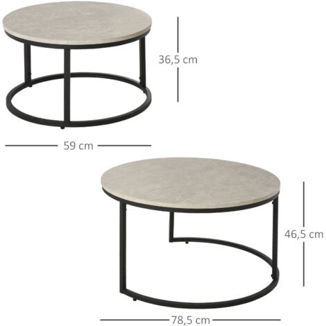 Lot de 2 tables basses rondes gigogne empilables plateau MDF gris et pieds en métal noir