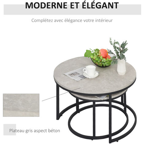 Lot de 2 tables basses rondes gigogne empilables plateau MDF gris et pieds en métal noir