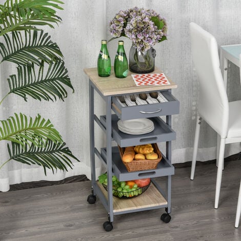 Chariot de service desserte de cuisine à roulettes 2 plateaux amovibles, tiroir, étagère MDF chêne clair bois pin gris