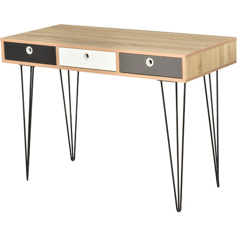 Table d'appoint console design scandinave 3 tiroirs tricolores pieds épingles métal noir panneaux particules chêne clair