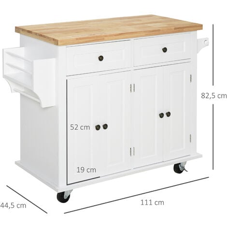 Desserte de cuisine multi rangements 2 tiroirs 2 placard 2 portes avec étagère range-bouteille porte-torchons MDF blanc hévéa