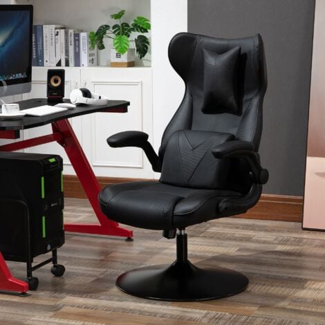 Vinsetto Fauteuil gaming fauteuil de bureau gaming base ronde métal pivotante 360° hauteur réglable coussins intégrés revêtement synthétique noir