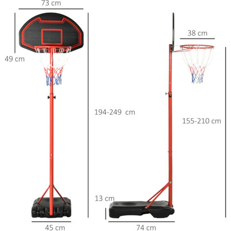 Panier De Basket HOMCOM Extérieur – Hauteur Réglable 197,5-254 Cm, Base Stable Remplissable, Roulettes – Pour Juniors Et Adultes, Cadre Acier