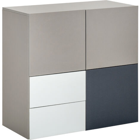 Buffet 2 tiroirs coulissants 3 portes panneaux particules tricolore gris clair, foncé et blanc