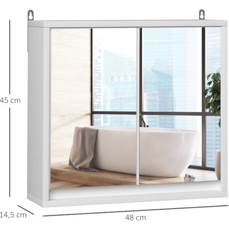 Armoire murale miroir salle de bain 2 étagères dim. 48L x 14l x 45H cm panneaux particules MDF blanc