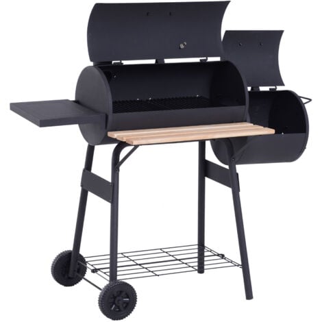 Barbecue à charbon fumoir BBQ grill smoker sur pied avec couvercle, roulettes, thermomètre, étagères  acier laminé à froid noir
