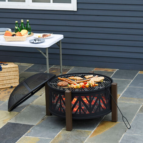 Relaxdays Soufflet cheminée, barbecue, allume feu rustique, clous  décoratifs dorés, longueur de 39 cm, marron/noir