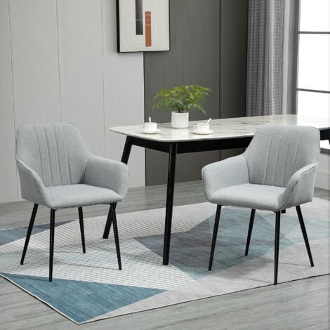 Chaises de visiteur design scandinave - lot de 2 chaises - pieds effilés métal noir - assise dossier accoudoirs ergonomiques lin gris