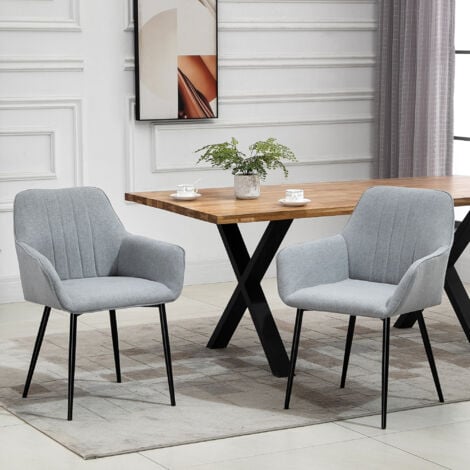 Chaises de visiteur design scandinave - lot de 2 chaises - pieds effilés métal noir - assise dossier accoudoirs ergonomiques lin gris
