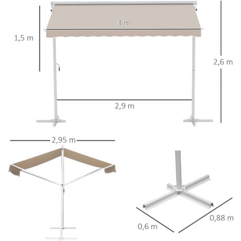 Store double pente manuel rétractable inclinaison réglable acier époxy blanc polyester imperméabilisé anti-UV beige dim. 3L x 2,95l x 2,6H m