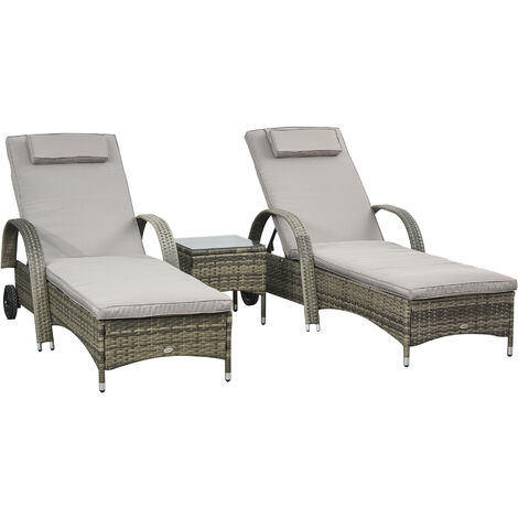 Lot de 2 transats bains de soleil grand confort : matelas, têtière, inclinaison réglable multipostions, accoudoirs, roulettes + table basse verre trempé résine tressée grise