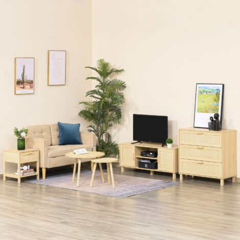 Meuble TV HOMCOM Banc Télévision Style Scandinave 90x30x46 Cm - 4 Tiroirs Niche Centrale Naturel Blanc