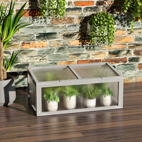 Mini serre de jardin serre à tomates dim. 90L x 46l x 40H cm toit ouvrable panneaux de polycarbonate bois sapin pré-huilé gris