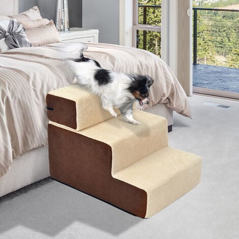 Escalier pour chien animaux rampe 2/3 marches déhoussable dim. 54L x 40l x 39H cm mousse haute densité tissu peluche courte marron crème