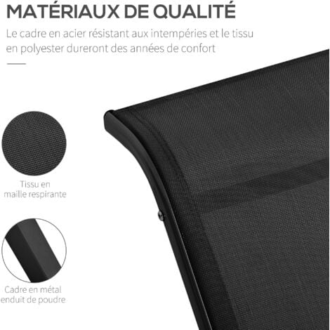Lot de 2 bains de soleil design contemporain table basse plateau verre trempé métal époxy textilène noir