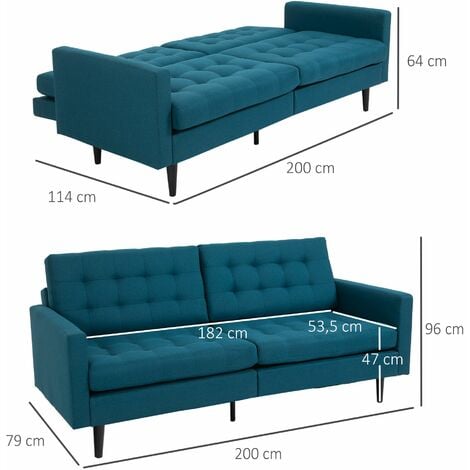 Canapé convertible 2 places design contemporain dossier inclinable indépendamment 3 positions lin bleu canard