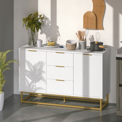 Buffet design contemporain graphique 2 placards porte étagères réglables 3 tiroirs coulissants MDF blanc métal doré